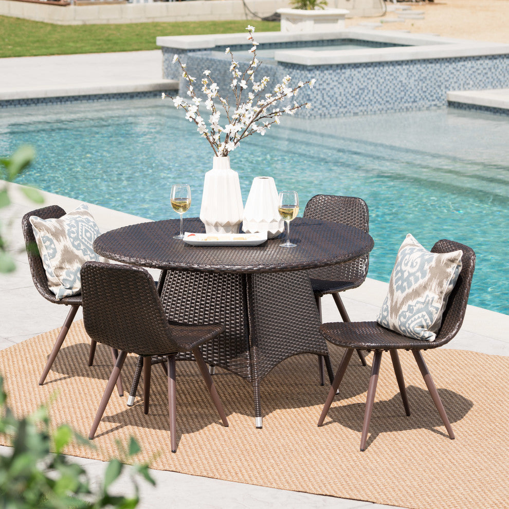GDF Studio 5-Piece Isco Outdoor Multi-brown Wicker Circular Dining Set