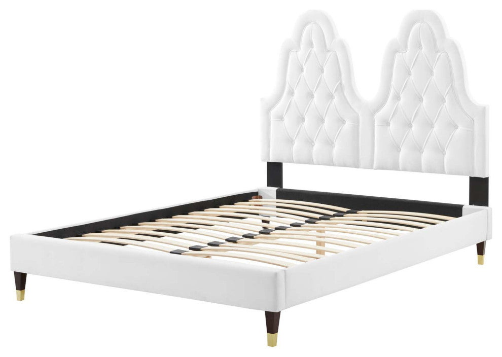 Tufted Platform Bed Frame, Twin Size, Velvet, White, Modern Contemporary