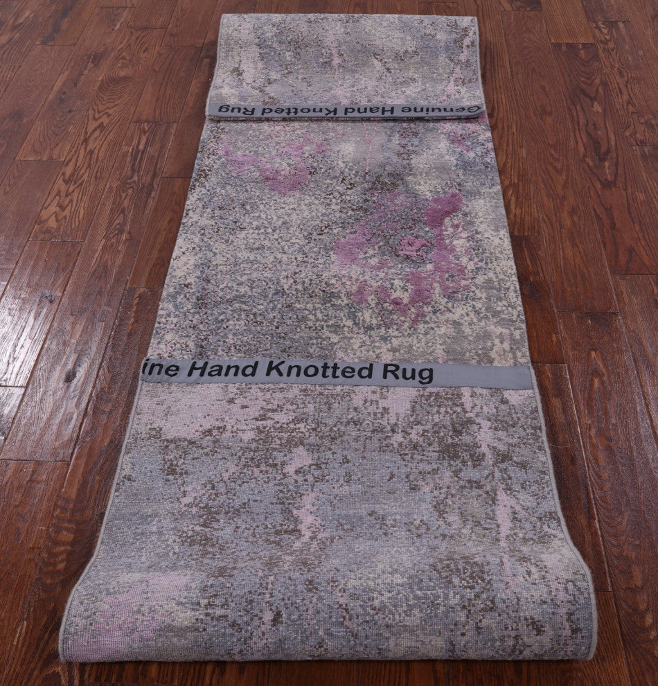 2' 4" X 10' 3" Runner Hand Knotted Wool and Silk Abstract Rug Q9070