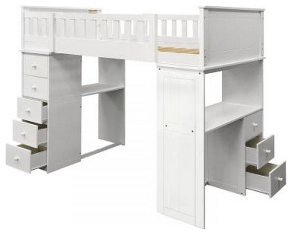 Benzara BM266513 Twin Loft bed With 8 Drawers and 1 Desk, White