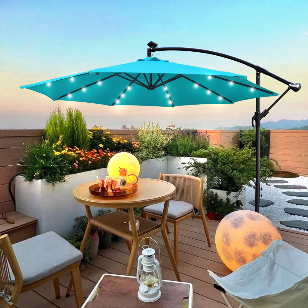 10' Steel Patio Umbrella Outdoor Market With Crank and LED Lights, Light Blue