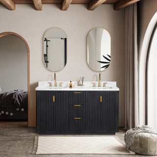 Vinnova Cadiz Bath Vanity, Composite Stone Top, Black, 60", With Mirror