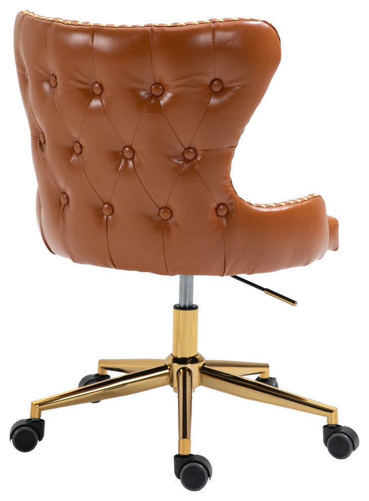 Hendrix Swivel and Adjustable Vegan Leather Office Chair, Cognac, Rich Gold Base