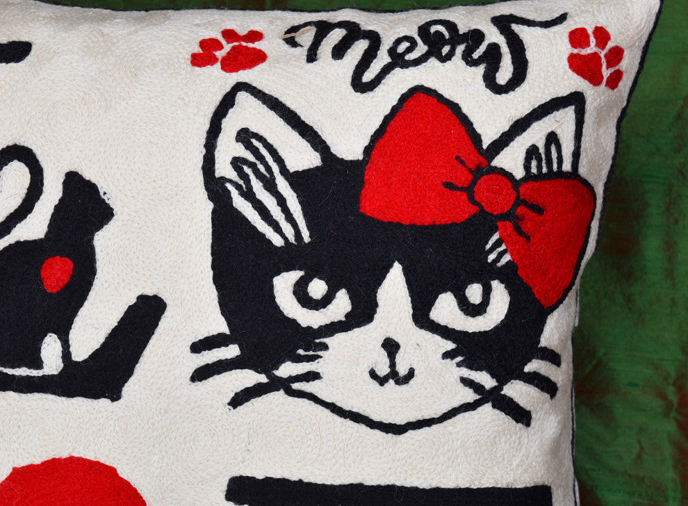 I Love Cats Decorative Pillow Cover Ivory Cream Whimsical Handmade Wool 18x18