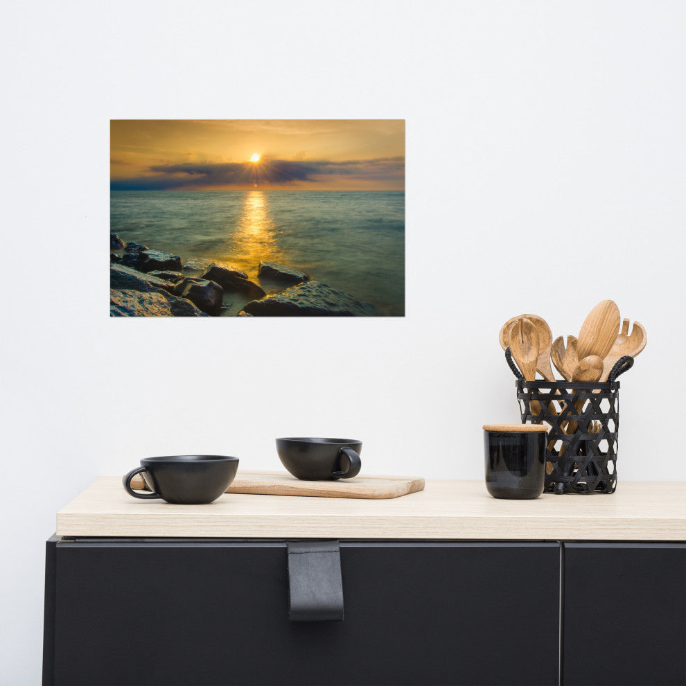 Sunset On Ocean, Sea, Beach Landscape Photo Unframed Wall Art Print, 12" X 18"