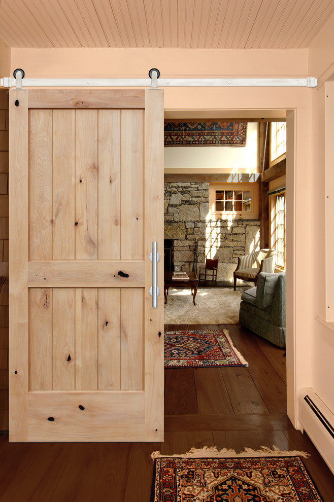 Unfinished Interior Knotty Alder 2 Panel V-Groove Barn Door, Stainless