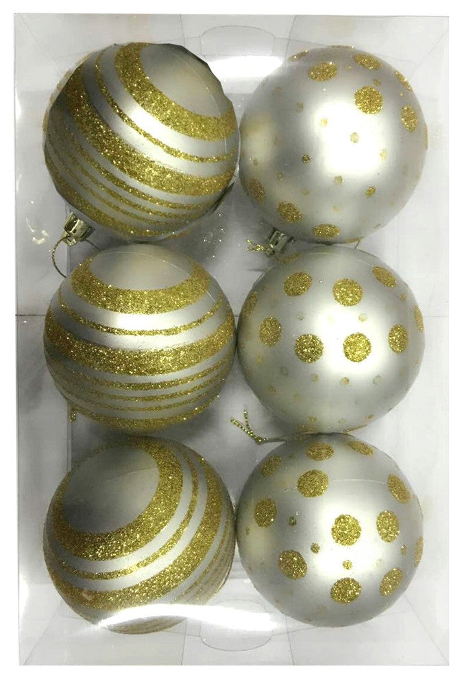 6-Pack White Ball Ornament With Gold Dot And Line Design