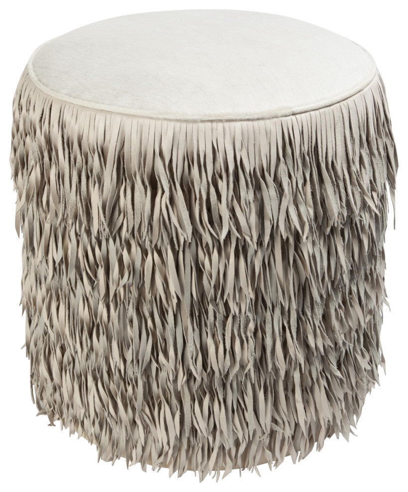Fringe Ottoman, Ivory Hair, on, Hide