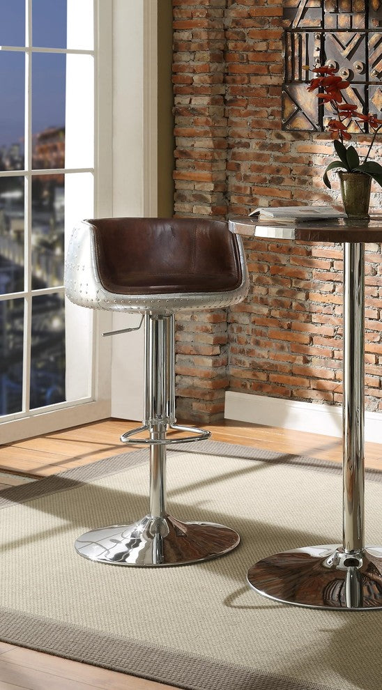 Brancaster Aluminum & Top Grain Leather Adjustable Swivel Stool, Vintage Brown