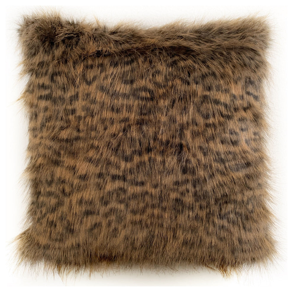 Plutus Brown Tawny WildCat Animal Faux Fur Luxury Throw Pillow, 22"x22"