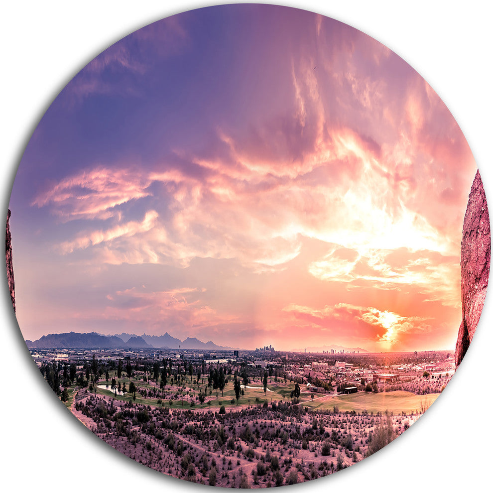Evening Red Sky Over Phoenix Arizona, Landscape Disc Metal Artwork, 23"
