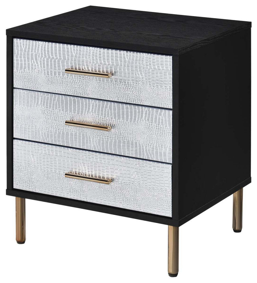 Black and Silver Nightstand With 3 Drawers, Gold Finish