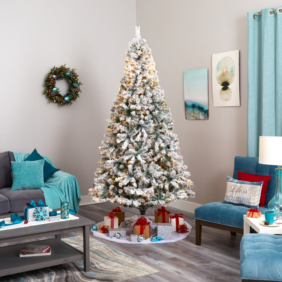 8' Flocked Rock Springs Spruce Faux Xmas Tree W/Lights & Bendable Branches
