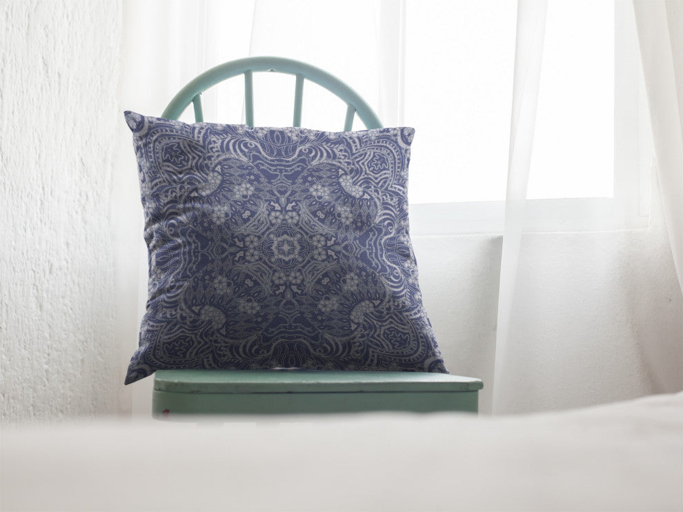 20" Indigo White Boho Ornate Suede Throw Pillow