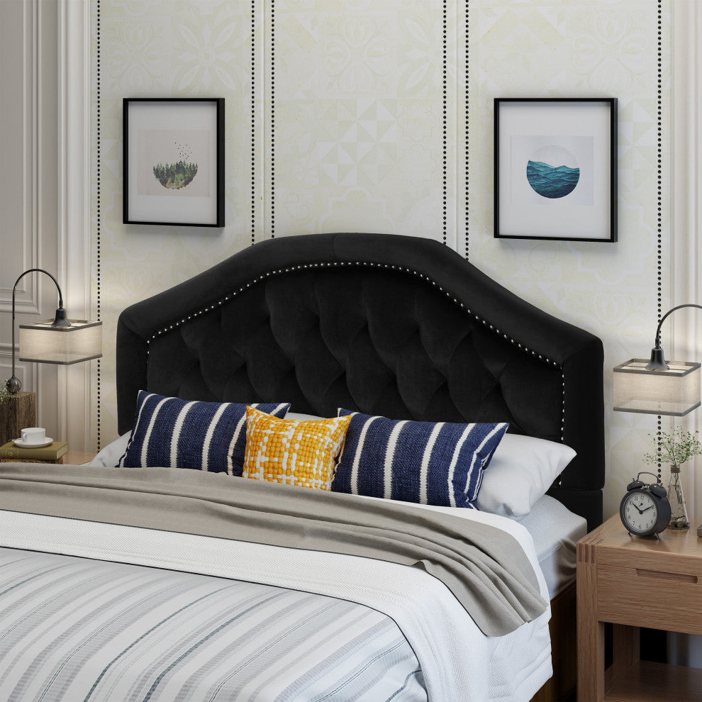 GDF Studio Lazarus New Velvet Studded Seam Tufted Queen/Full Headboard, Black