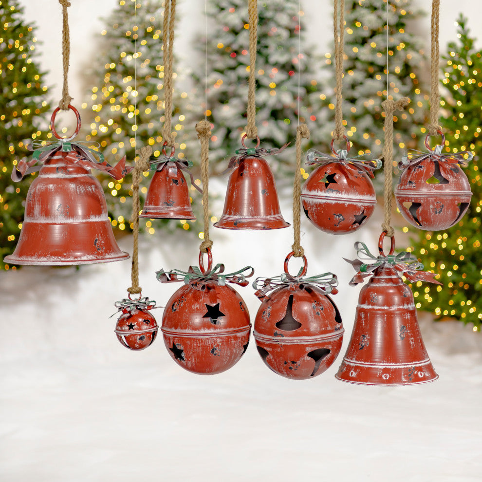 Set of 9 Assorted Sized Hanging Christmas Bells, Antique Red