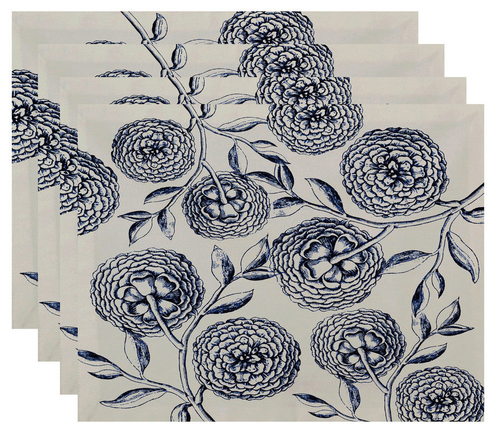 18"x14" Antique Flowers, Floral Print Placemat, Navy Blue, Set of 4