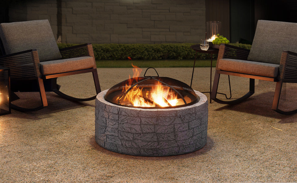 Sunjoy Stone 26" Round Wood Burning Firepit for Outside, Stone Gray