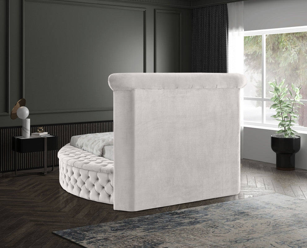Luxus Button Tufted Velvet Round Bed, Cream, Twin