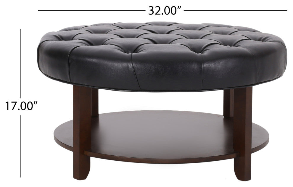 Baynes Faux Leather Tufted Wood Round Ottoman, Open Shelf, Midnight + Espresso
