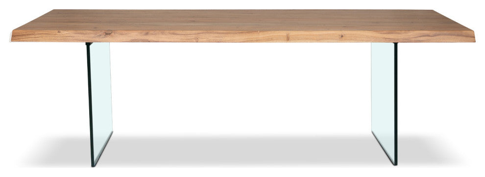 Brooks Dining Table, Glass Base, 40"x92", Teak Top, Clear Glass Base