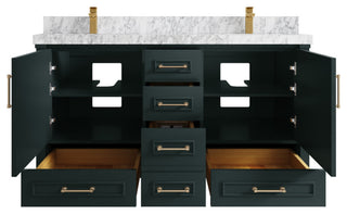Aberdeen 60 Double Bathroom Vanity in Dark Forest Green 2" Carrara Marble