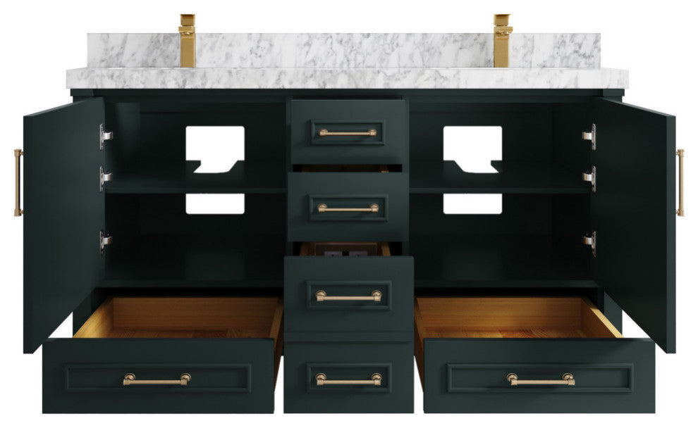 Aberdeen 60 Double Bathroom Vanity in Dark Forest Green 2" Carrara Marble
