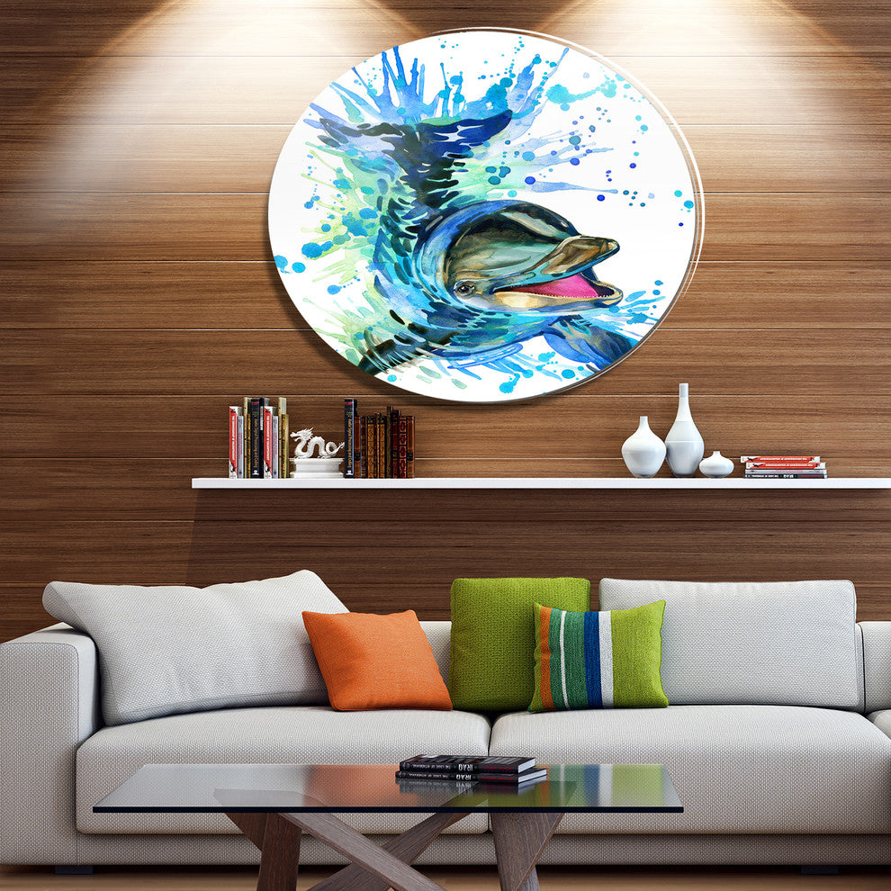 Blue Dolphin Watercolor, Animal Art Disc Metal Wall Art, 36"