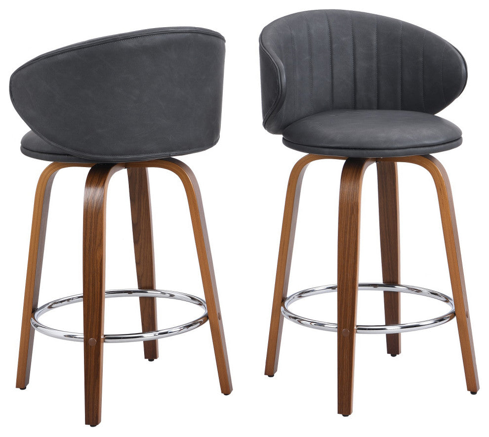 Swivel Counter Stool, Wood Bar stools, Pu Leather, Set of 2, Mid-Century Modern, Gray, 26''