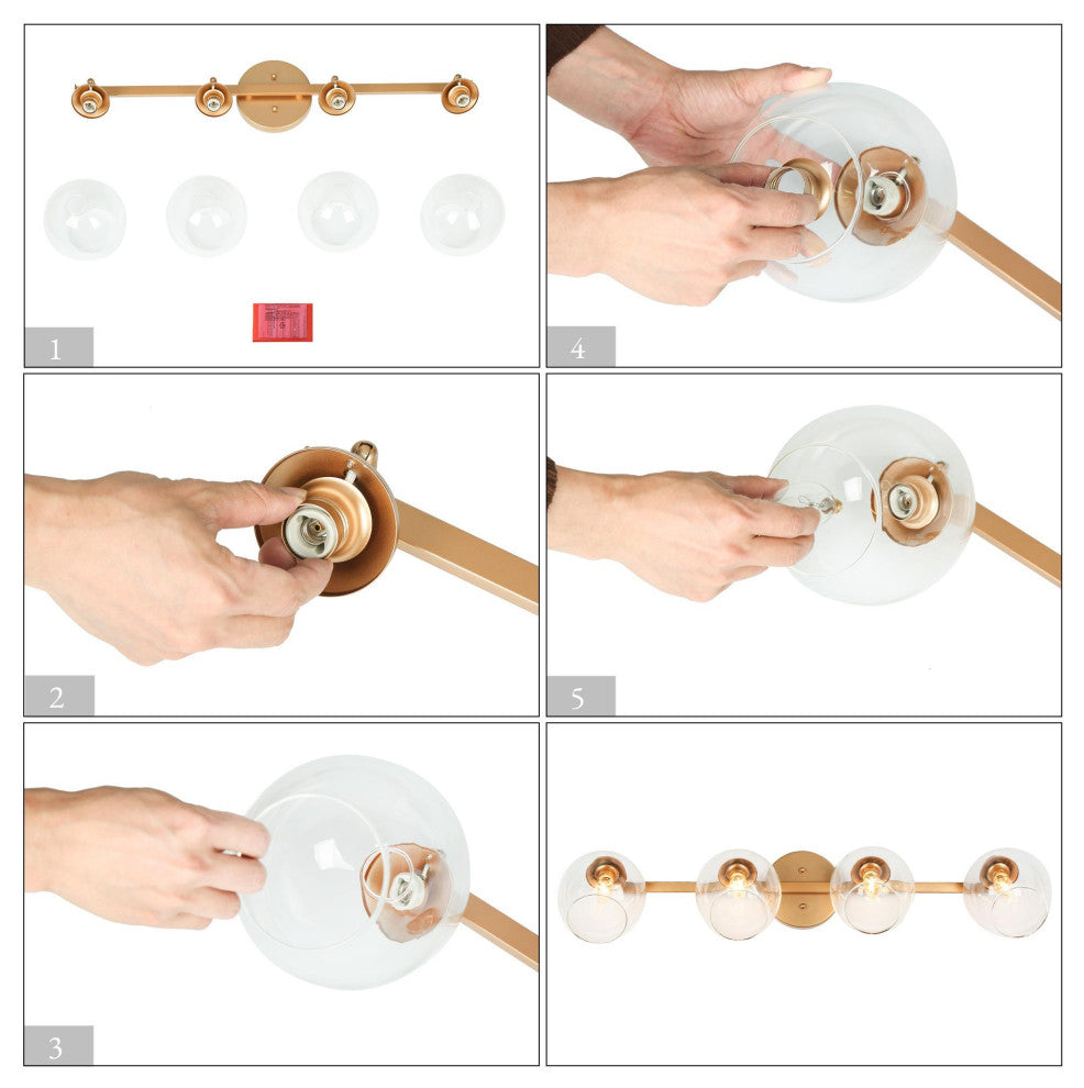 4-Lights Clear Glass Shade and Glod Traditional LED Vanity Wall Light