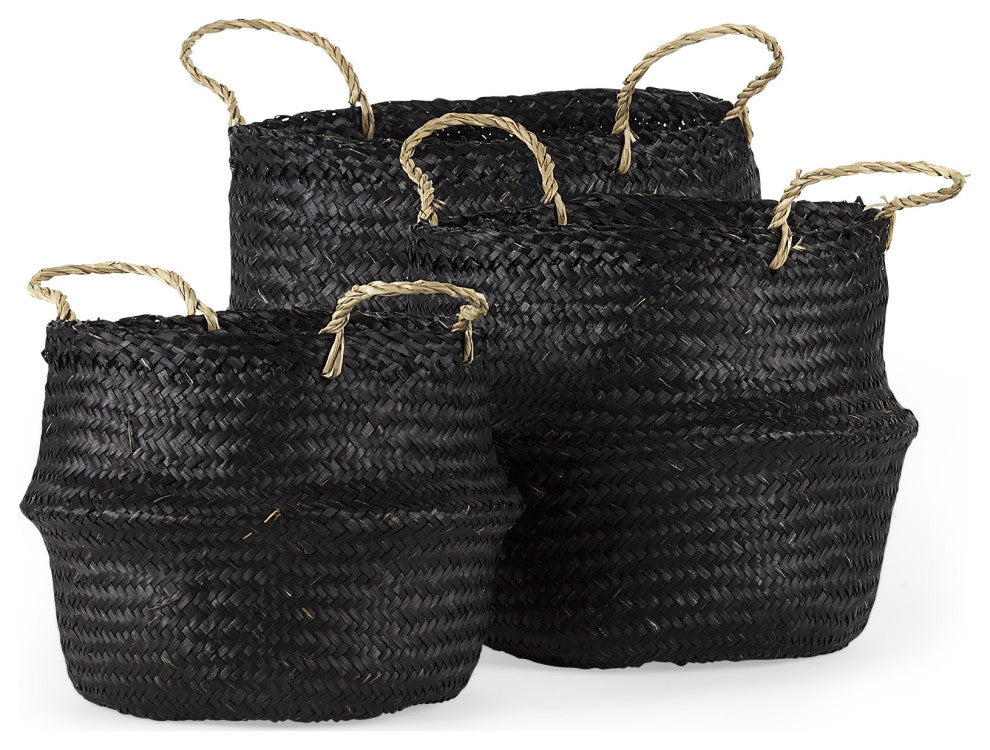 Set of Three Black Wicker Storage Baskets