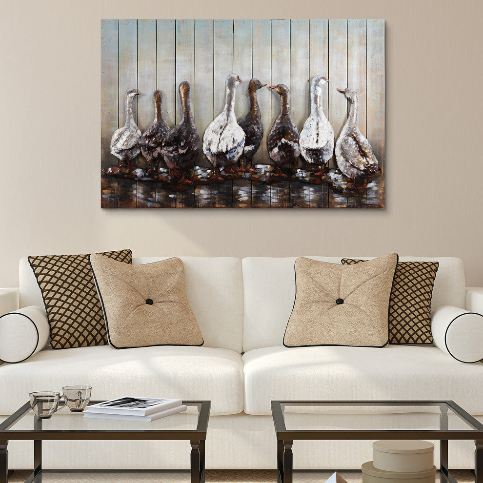"Ducks" Handed Painted Iron Wall Sculpture on Wooden Wall Art