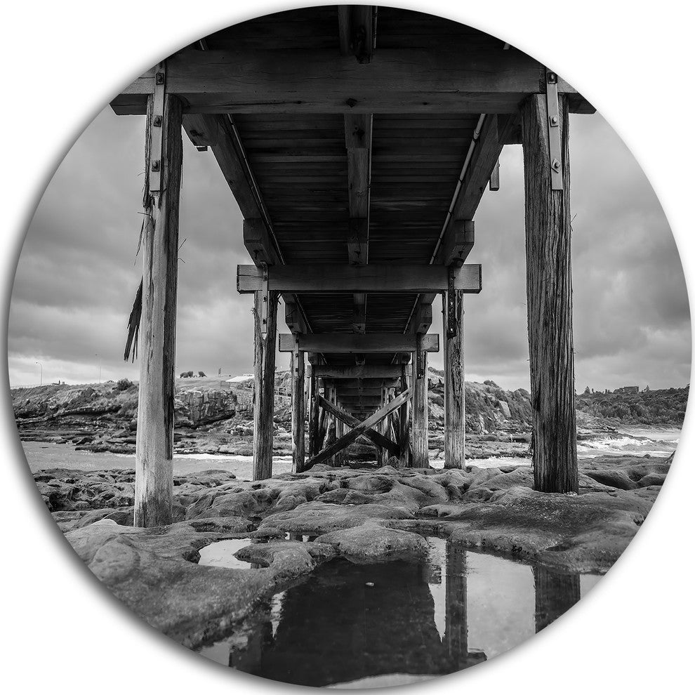 Black And White Wooden Bridge, Sea Bridge Round Metal Wall Art, 23"