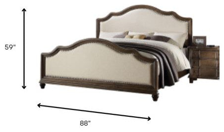 88"x66"x59" Beige Linen And Weathered Oak Queen Bed