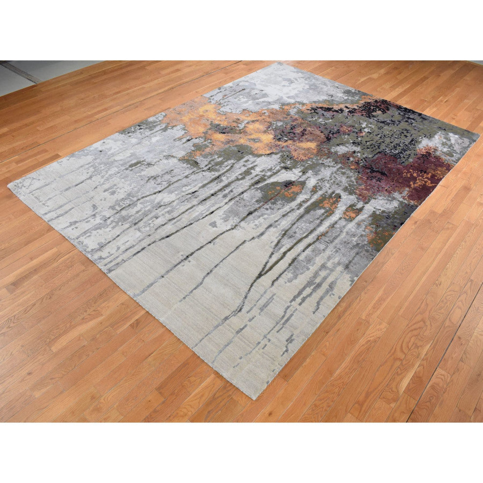 Gray, Abstract Dripping Design, Wool and Silk, Hand Knotted Rug, 8'10"x12'3"