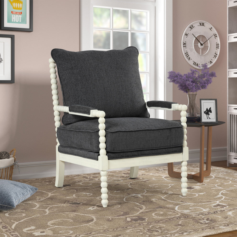 Hanako Transitional Accent Chair with Cushioned Wooden Arms, Charcoal/Off White