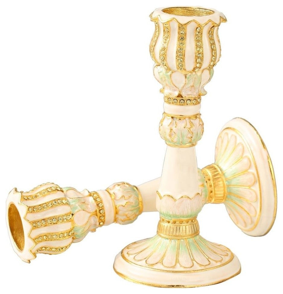 Shabbat Candlestick (2-Piece Set) Hand-Painted  Gold-Plated Pewter