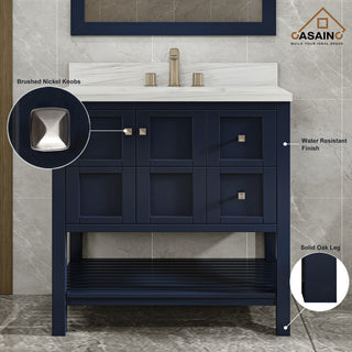 Single Sink Solid Wood Bath Vanity with Natural Marble Top and Mirror, 36in