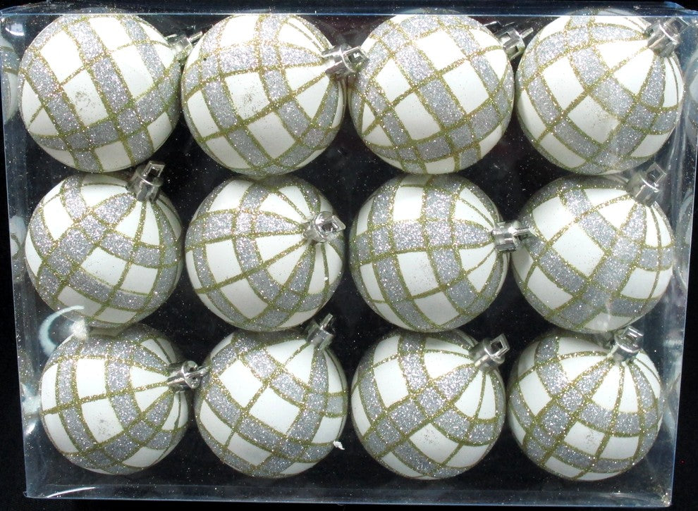 White Ball Ornament With Gold And Silver Plaid Design, 12-Pack