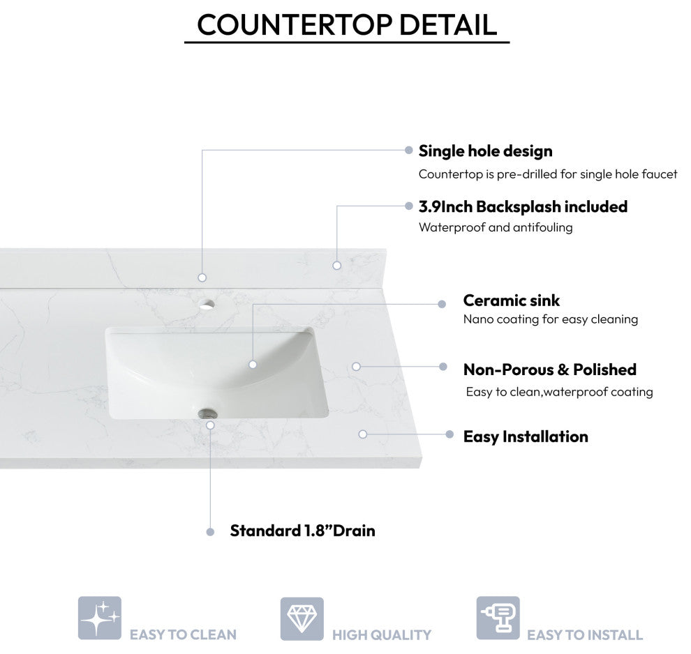 Malaga Composite Stone Vanity Top With Ceramic Sink, Grain White, 61"