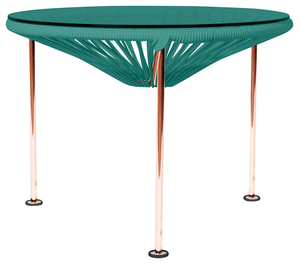 Zicatela Indoor/Outdoor Handmade Side Table, Turquoise Weave, Copper Frame