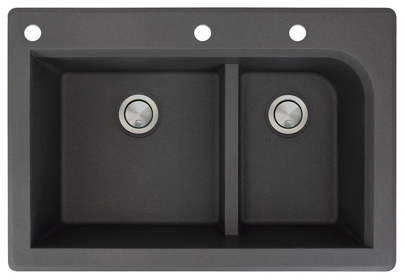 Radius 33" silQ Granite Drop-in Double Bowl Kitchen Sink with 3 Holes in Black