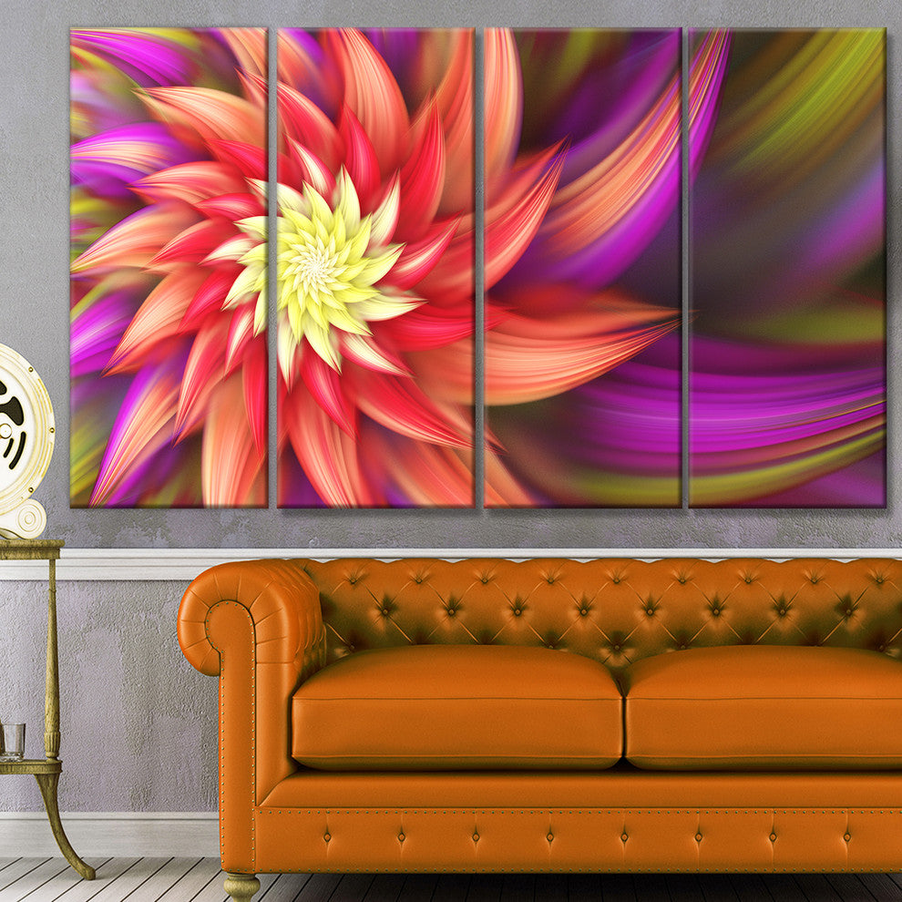 Large Red Purple Alien Flower, Floral Canvas Art Print, 48"x28", 4 Panels