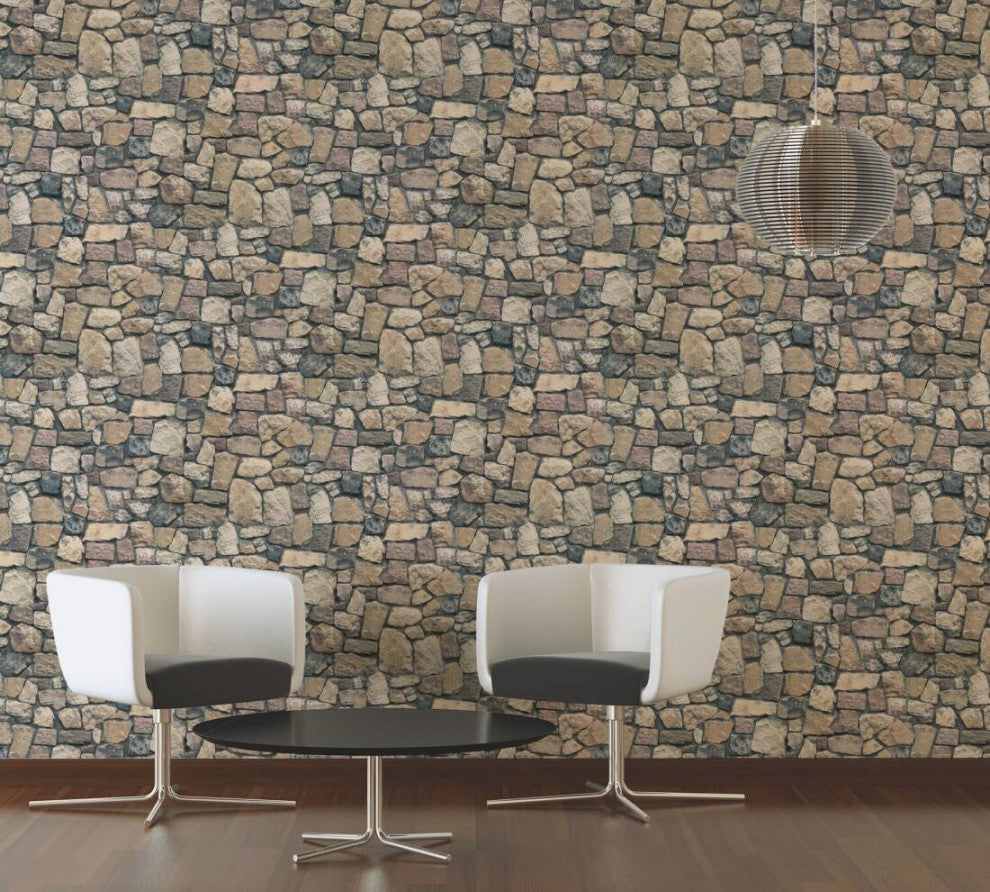 Faux Textured Wallpaper Stones, Brown Orange Gray, One Roll
