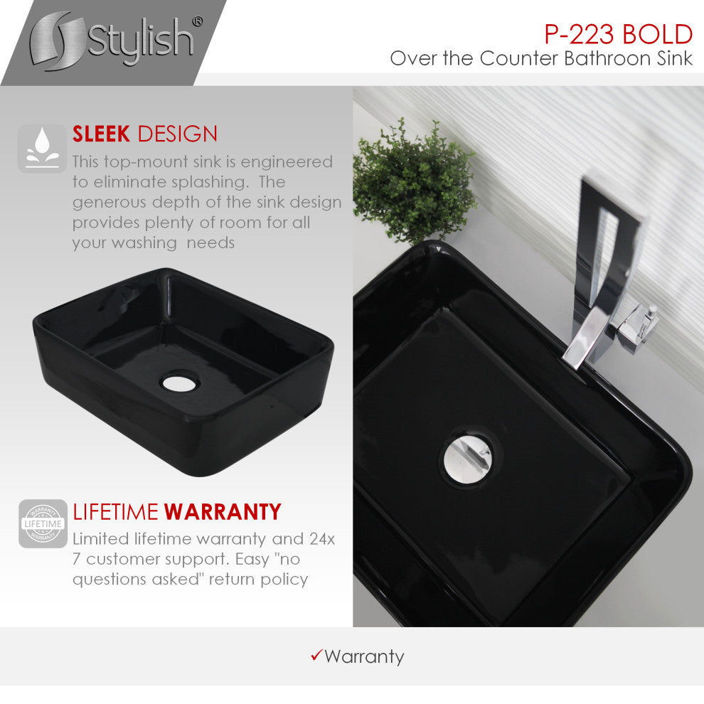 STYLISH 18" White Rectangular Ceramic Vessel Bathroom Sink Black