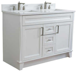 48" Double Sink Vanity, White Finish With Engineered Stone Top, Rectangle Sink
