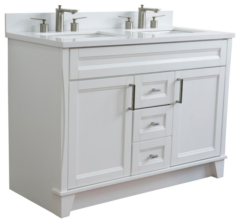 48" Double Sink Vanity, White Finish With Engineered Stone Top, Rectangle Sink