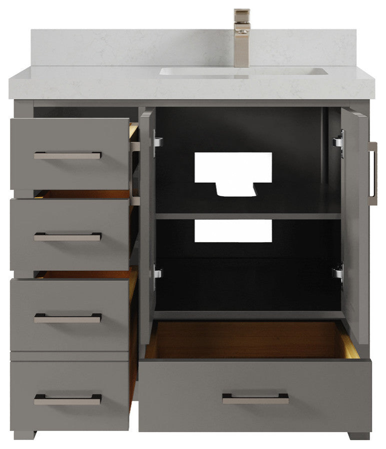 Malibu 36 Right Offset Bath Vanity in Elephant Skin Gray 2" Carrara Quartz