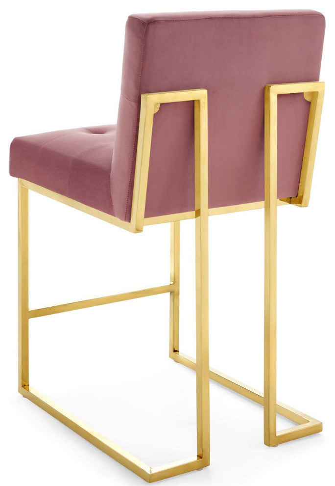 Counter Stool Chair, Set of 2, Velvet, Metal, Gold Pink, Modern, Bar Pub Bistro