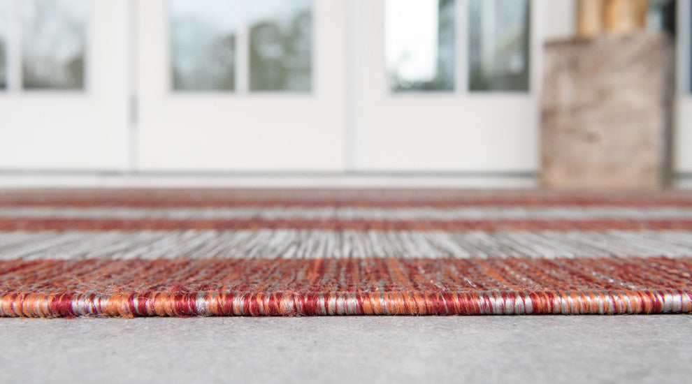 Unique Loom Aqua Blue Striped Outdoor Area Rug, Rust Red, Beige, 5' X 8'